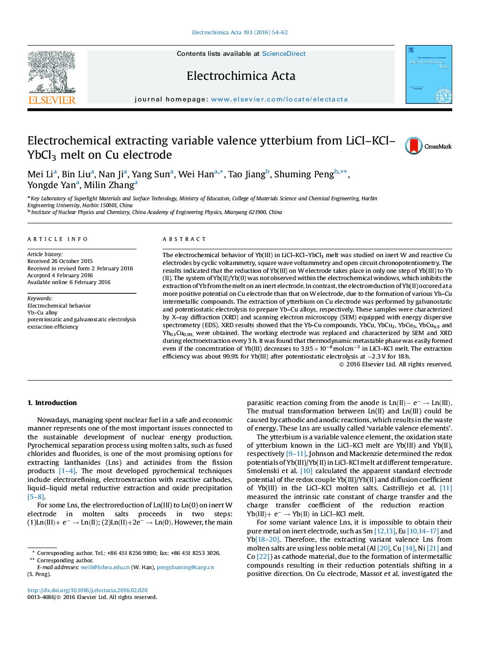 Electrochemical extracting variable valence ytterbium from LiCl–KCl–YbCl3 melt on Cu electrode