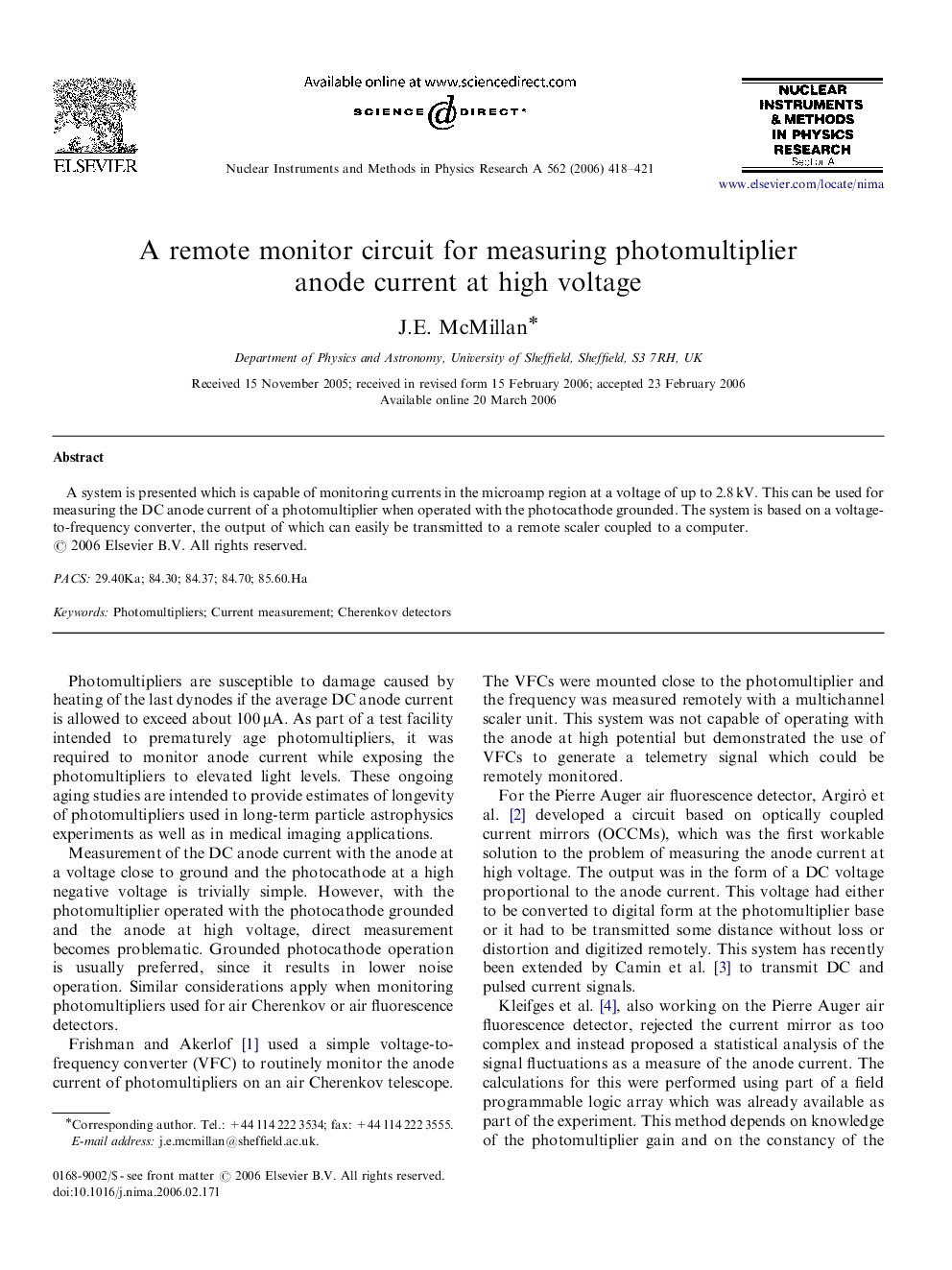 A remote monitor circuit for measuring photomultiplier anode current at high voltage