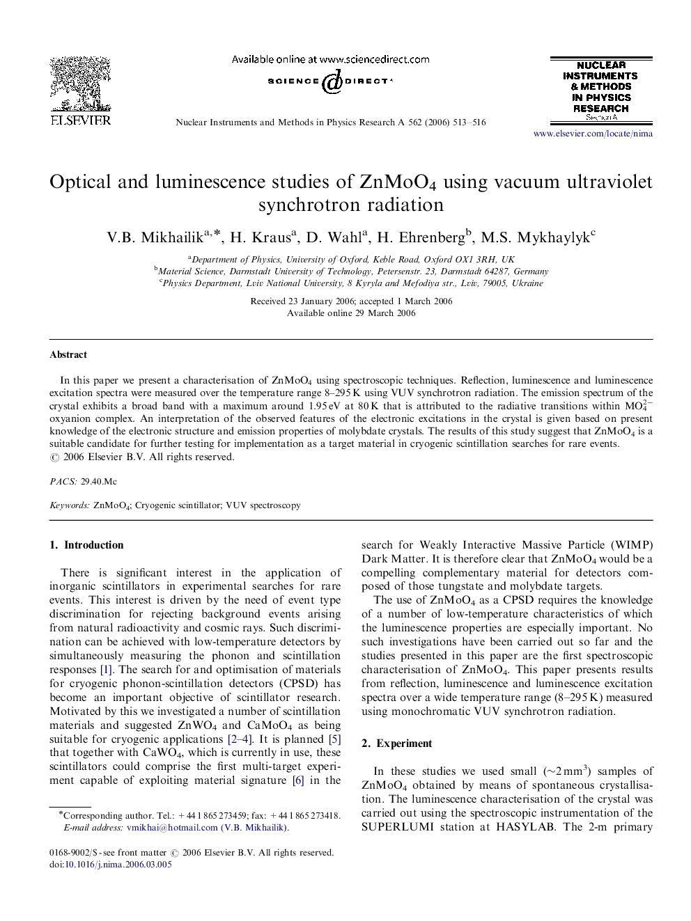 Optical and luminescence studies of ZnMoO4 using vacuum ultraviolet synchrotron radiation