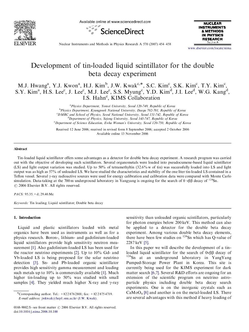 Development of tin-loaded liquid scintillator for the double beta decay experiment