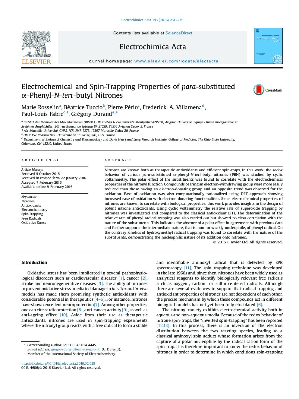 Electrochemical and Spin-Trapping Properties of para-substituted α-Phenyl-N-tert-butyl Nitrones