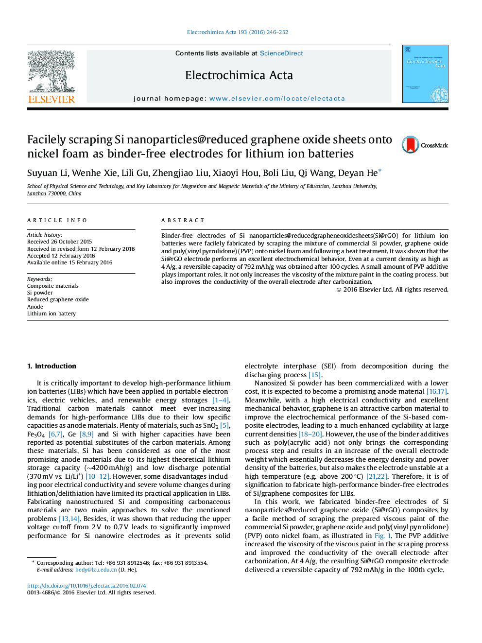 Facilely scraping Si nanoparticles@reduced graphene oxide sheets onto nickel foam as binder-free electrodes for lithium ion batteries