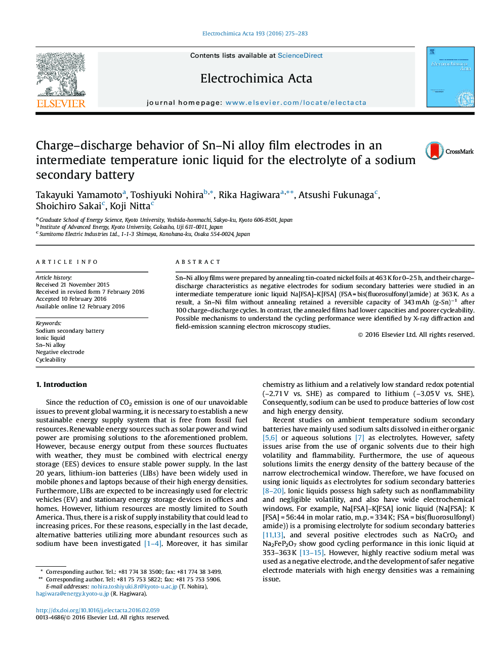 Charge–discharge behavior of Sn–Ni alloy film electrodes in an intermediate temperature ionic liquid for the electrolyte of a sodium secondary battery