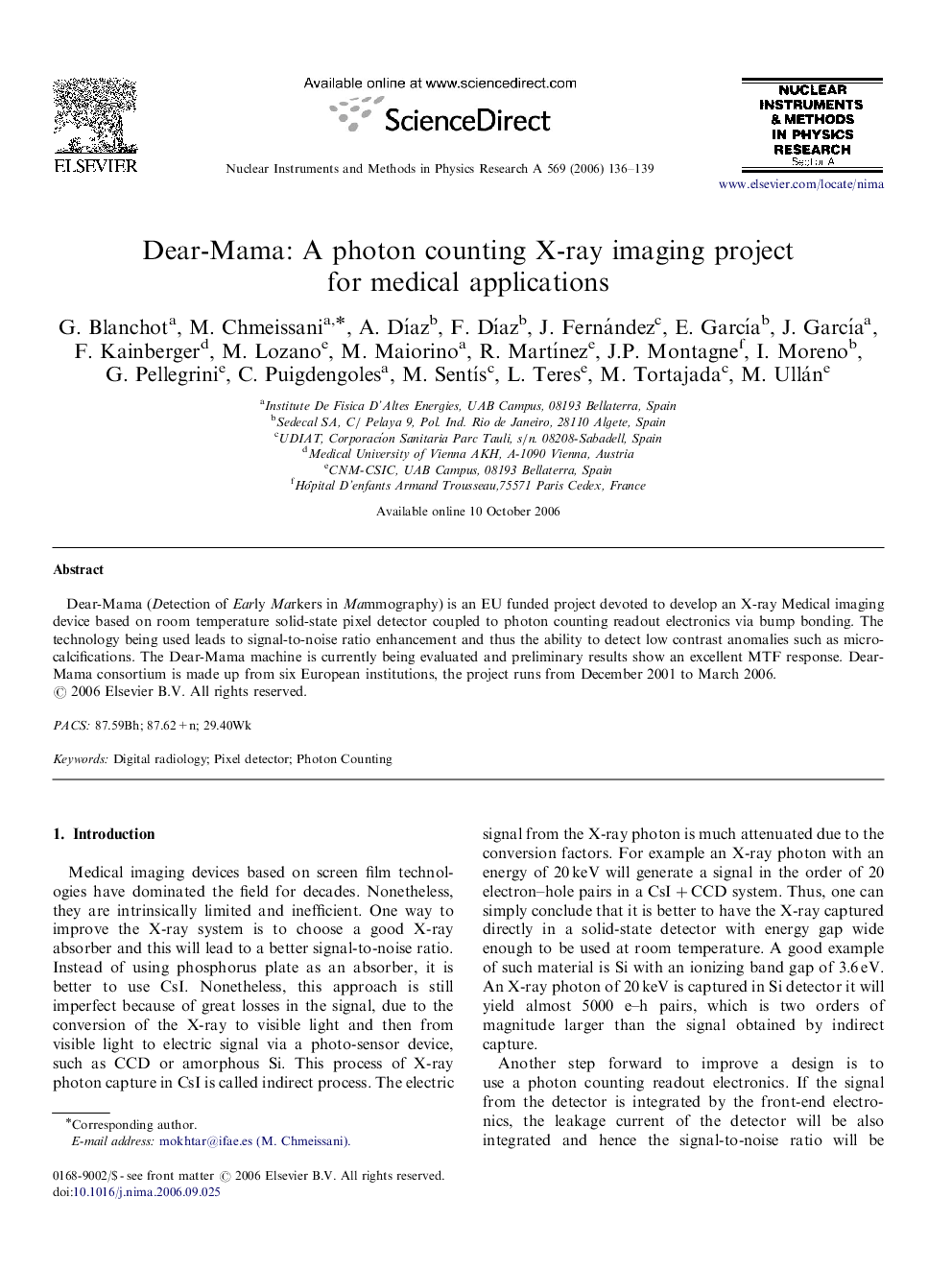 عکس صفحه اول مقاله: Dear-Mama: A photon counting X-ray imaging project for medical applications Dear-Mama: A photon counting X-ray imaging project for medical applications