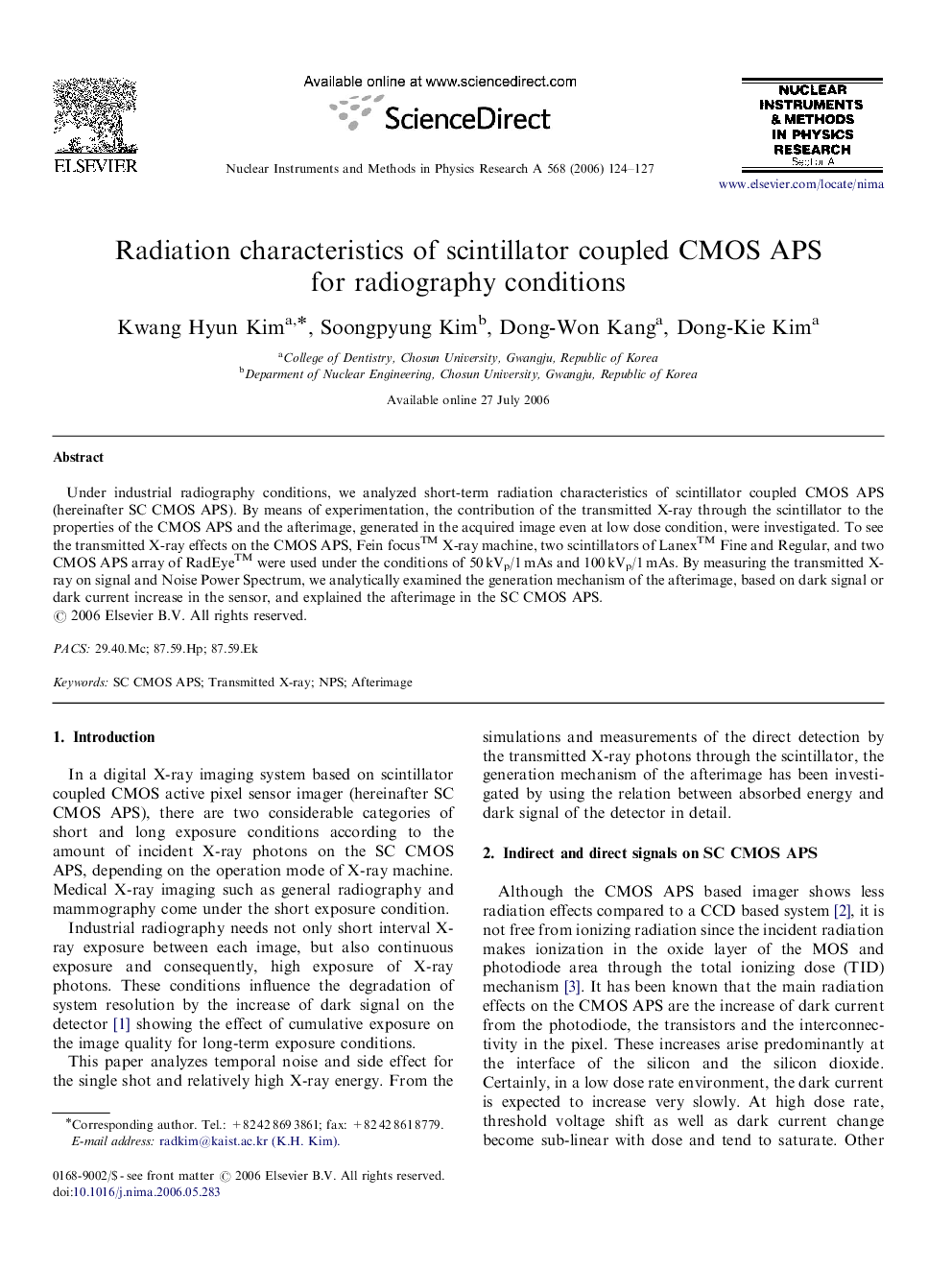 Radiation characteristics of scintillator coupled CMOS APS for radiography conditions