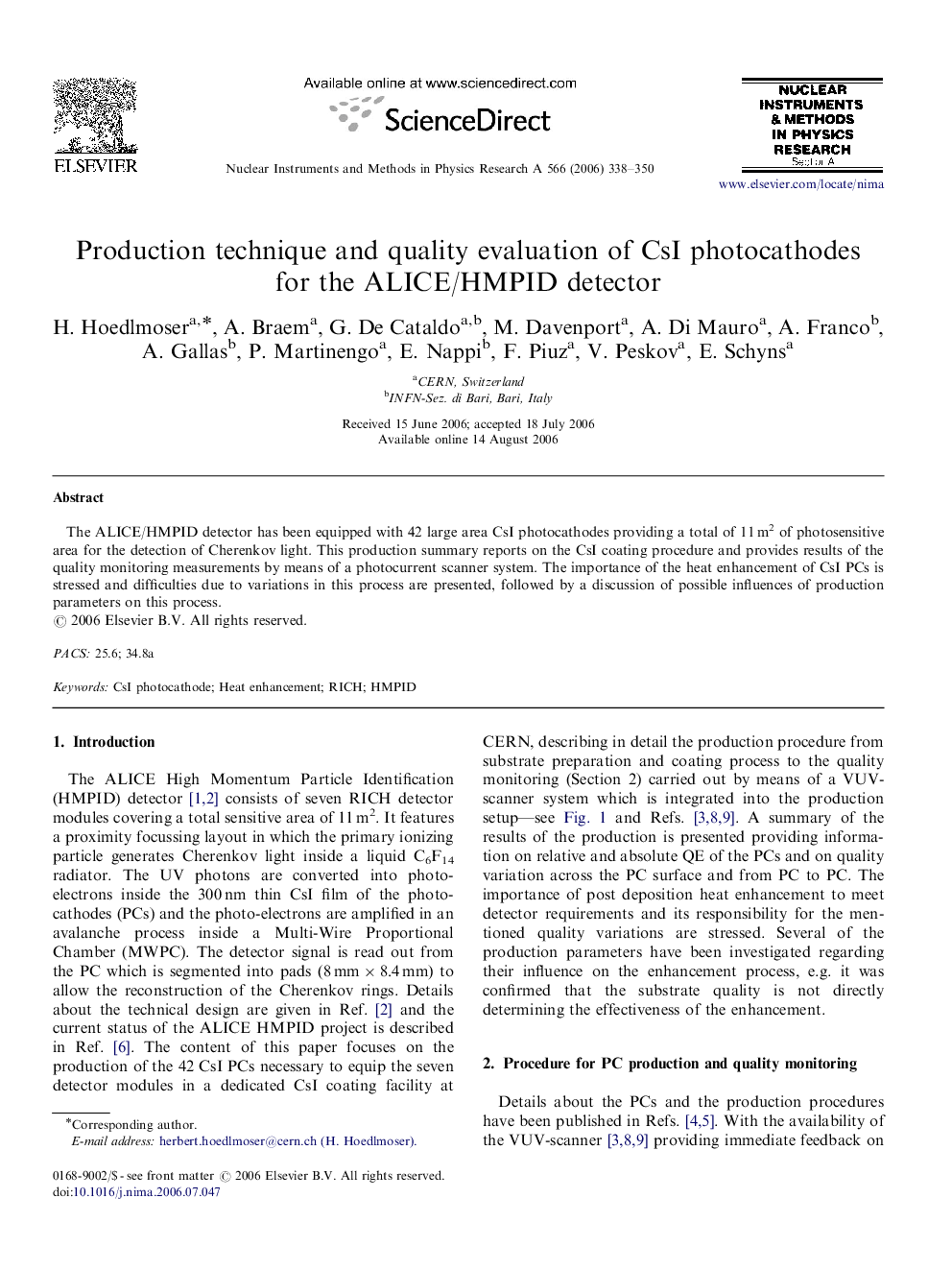 Production technique and quality evaluation of CsI photocathodes for the ALICE/HMPID detector