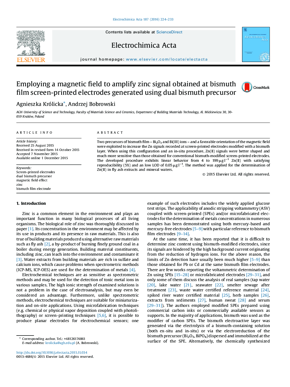 Employing a magnetic field to amplify zinc signal obtained at bismuth film screen-printed electrodes generated using dual bismuth precursor