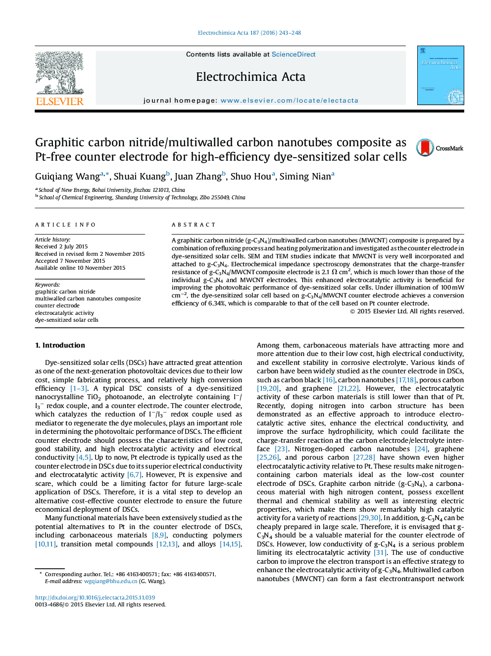 عکس صفحه اول مقاله: Graphitic carbon nitride/multiwalled carbon nanotubes composite as Pt-free counter electrode for high-efficiency dye-sensitized solar cells Graphitic carbon nitride/multiwalled carbon nanotubes composite as Pt-free counter electrode for high-efficiency dye-sensitized solar cells