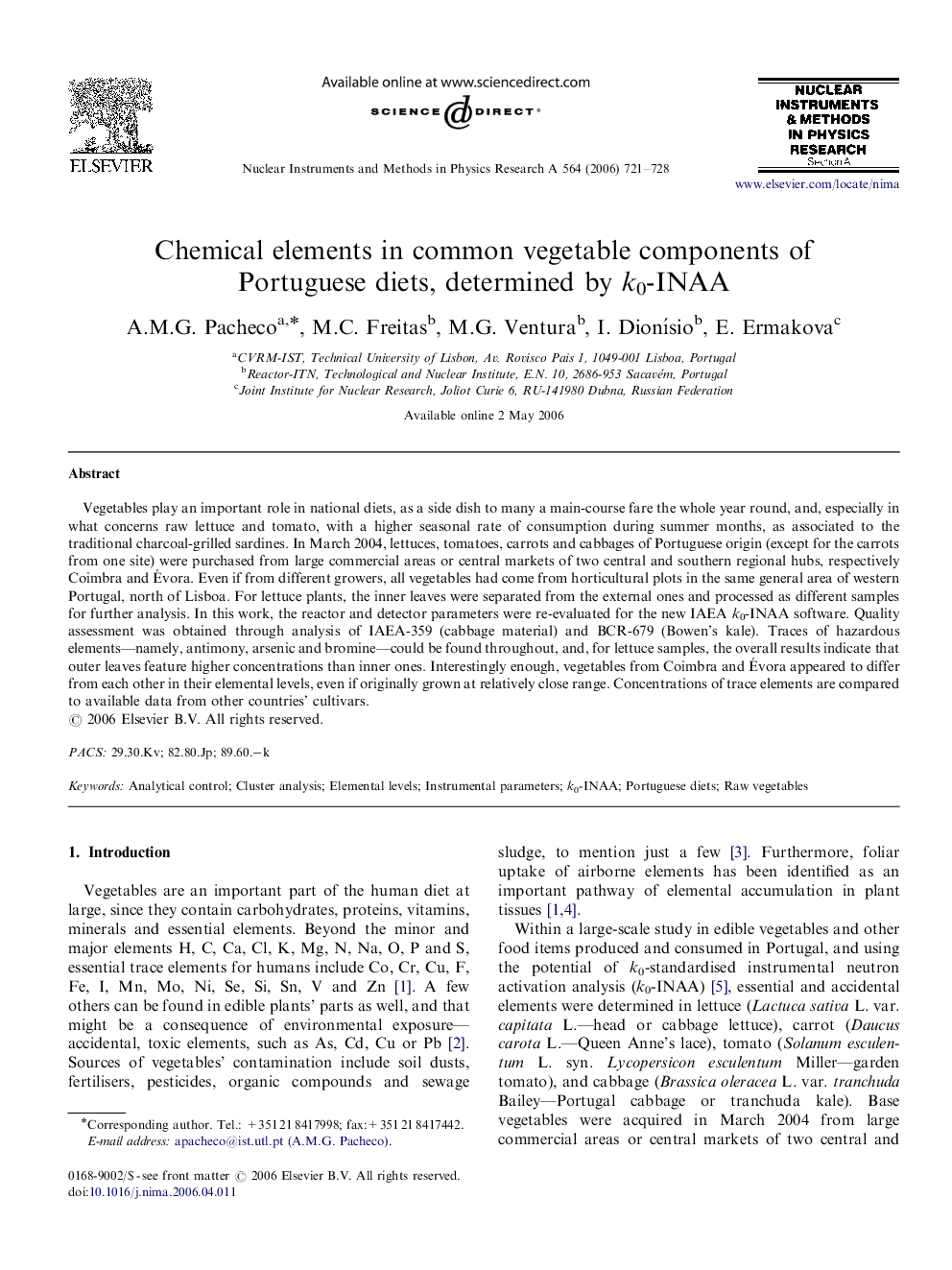 Chemical elements in common vegetable components of Portuguese diets, determined by k0-INAA