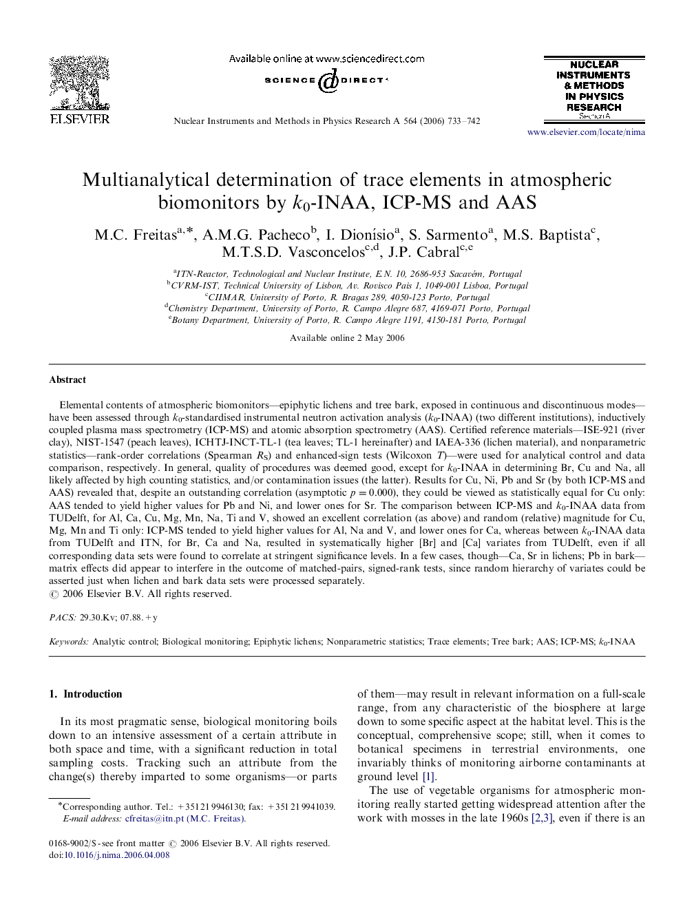 Multianalytical determination of trace elements in atmospheric biomonitors by k0-INAA, ICP-MS and AAS