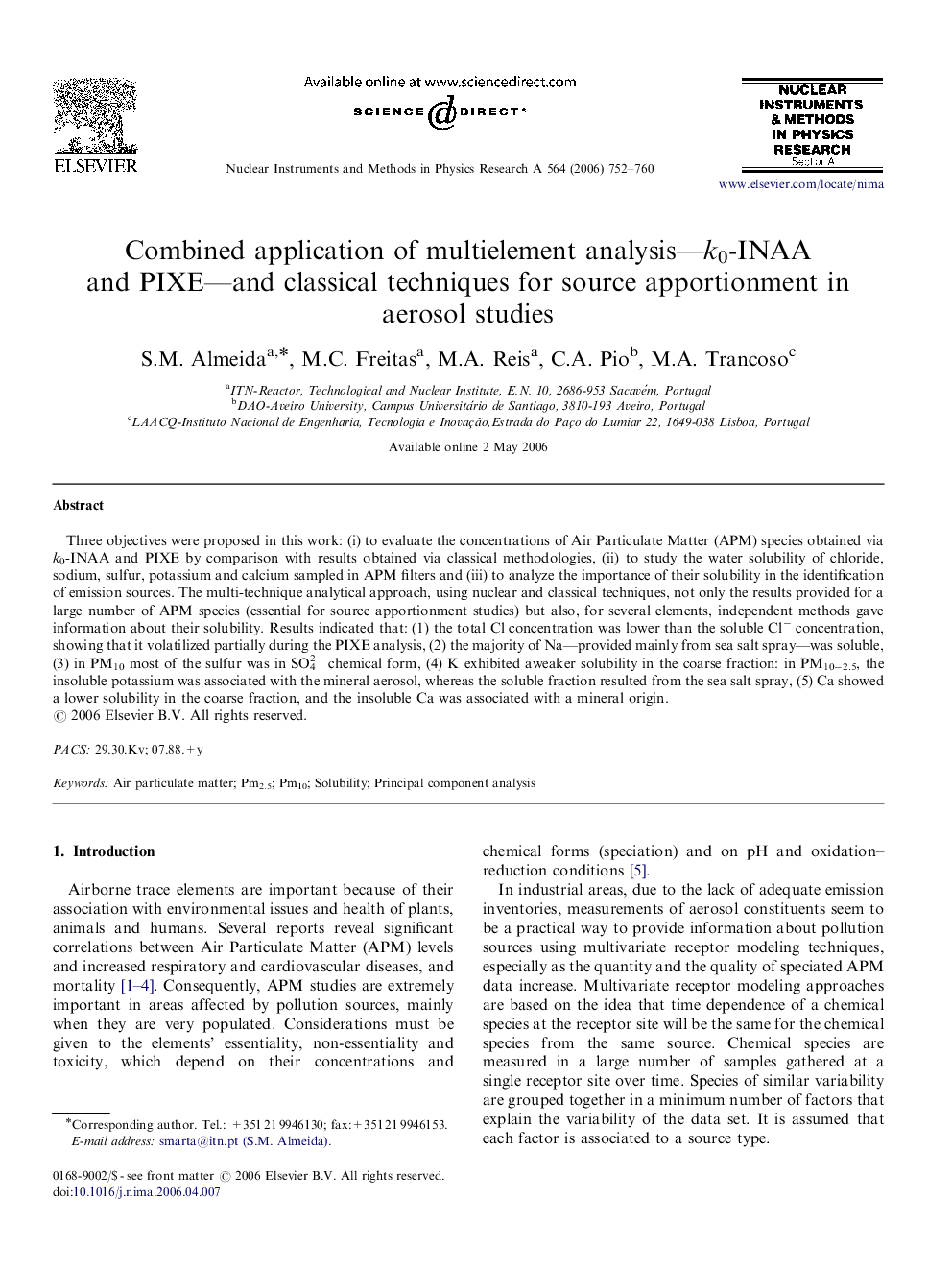 Combined application of multielement analysis—k0-INAA and PIXE—and classical techniques for source apportionment in aerosol studies