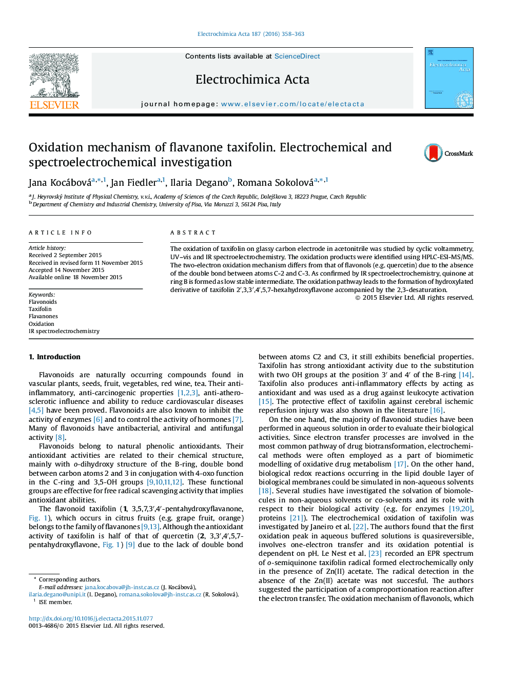 Oxidation mechanism of flavanone taxifolin. Electrochemical and spectroelectrochemical investigation