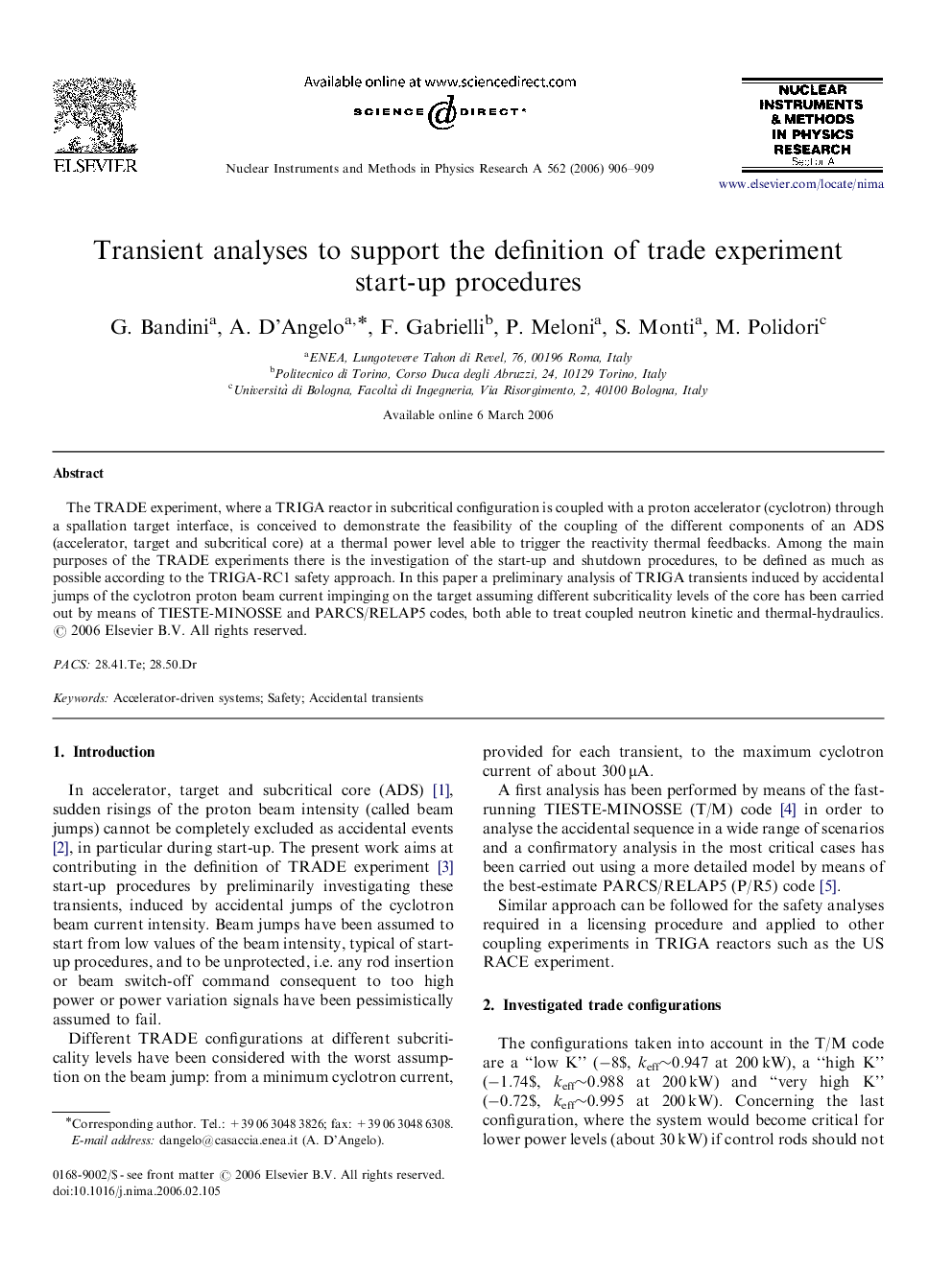 Transient analyses to support the definition of trade experiment start-up procedures