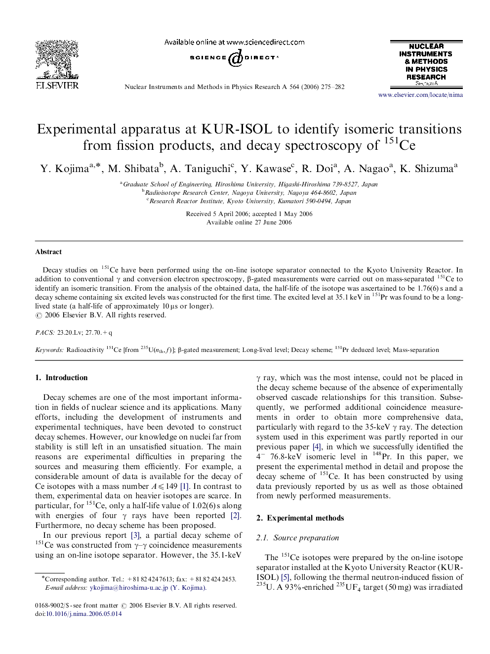 Experimental apparatus at KUR-ISOL to identify isomeric transitions from fission products, and decay spectroscopy of 151Ce