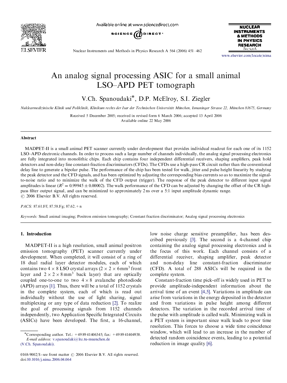 An analog signal processing ASIC for a small animal LSO–APD PET tomograph