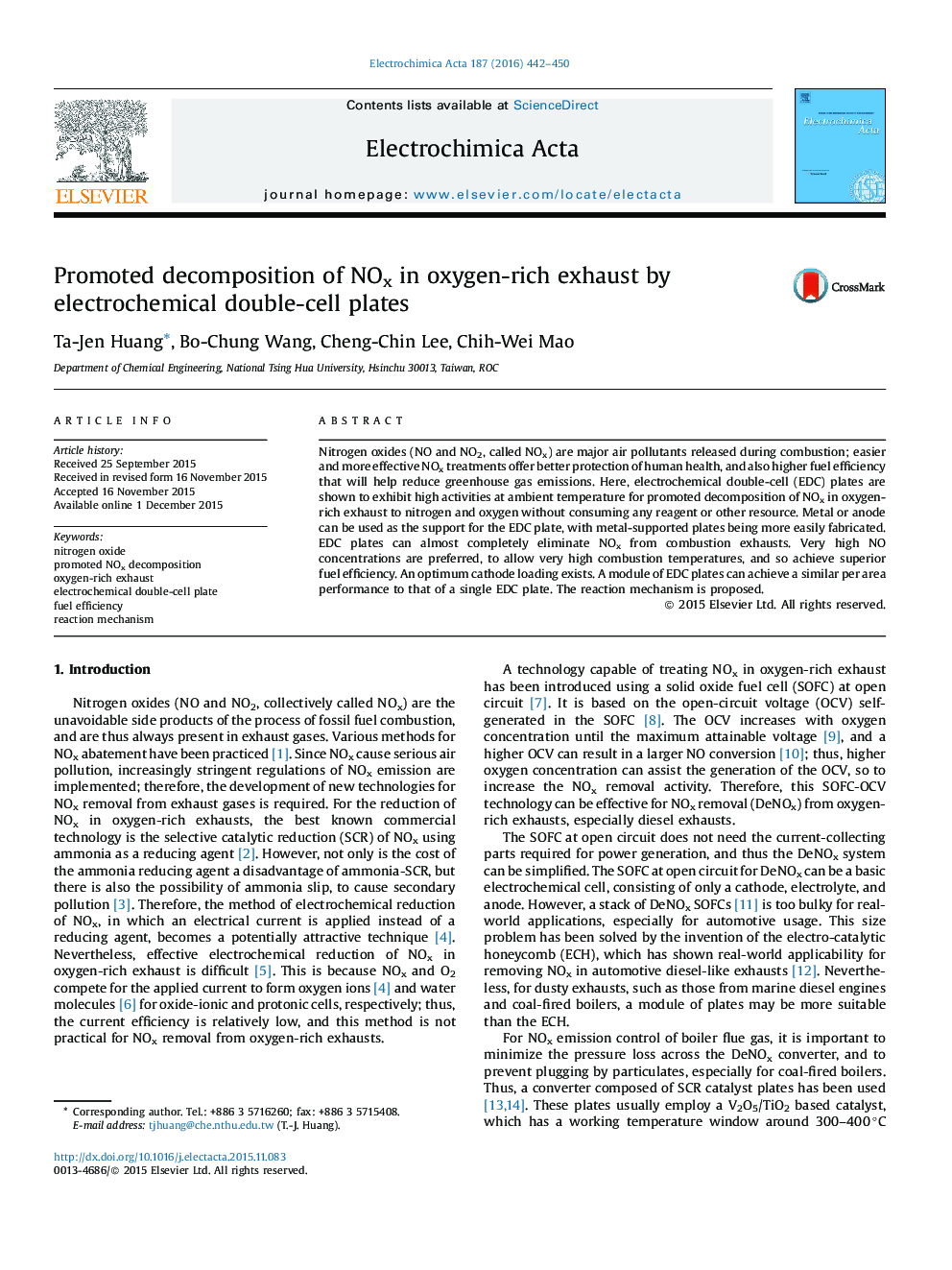 Promoted decomposition of NOx in oxygen-rich exhaust by electrochemical double-cell plates