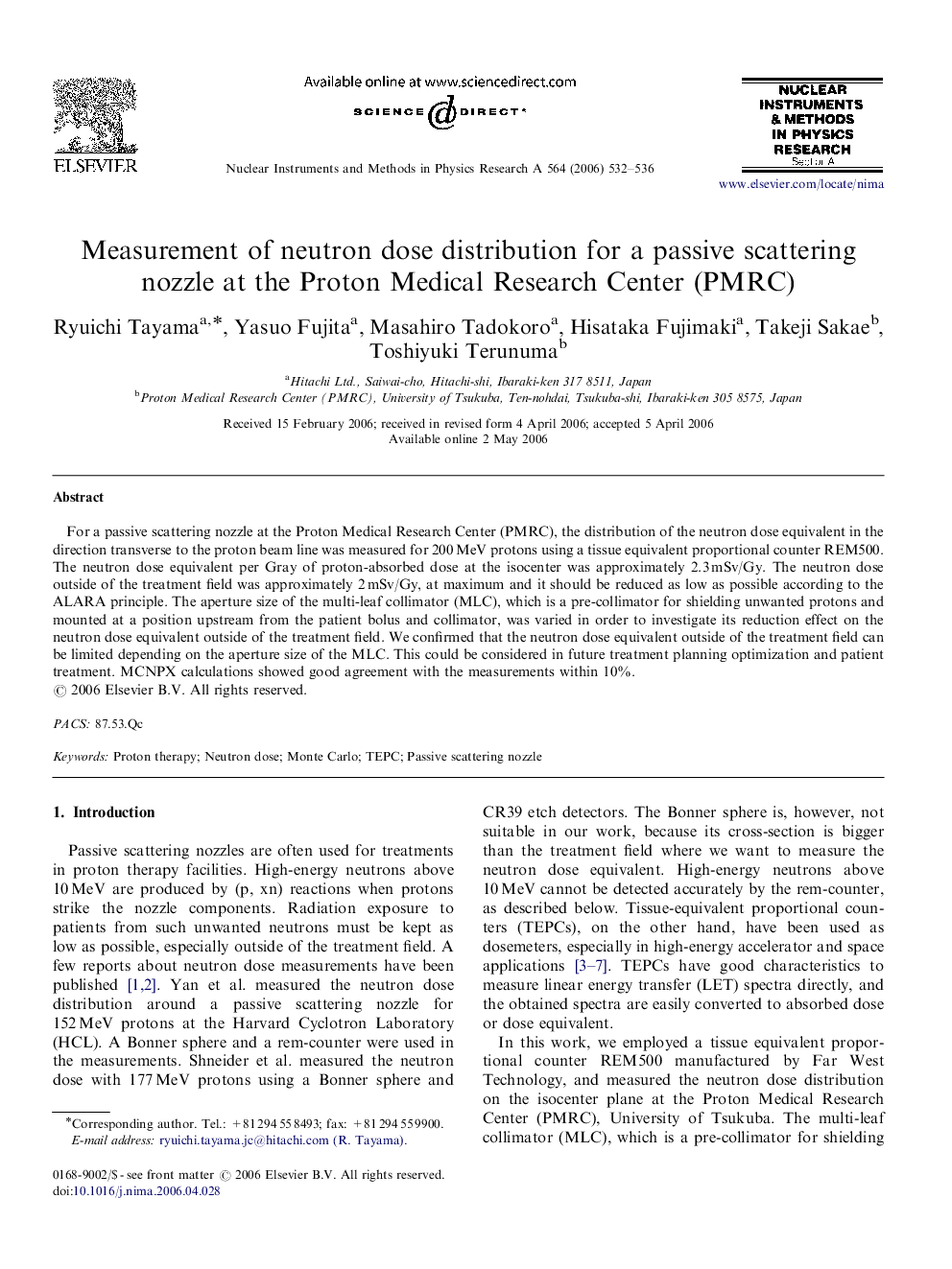 Measurement of neutron dose distribution for a passive scattering nozzle at the Proton Medical Research Center (PMRC)