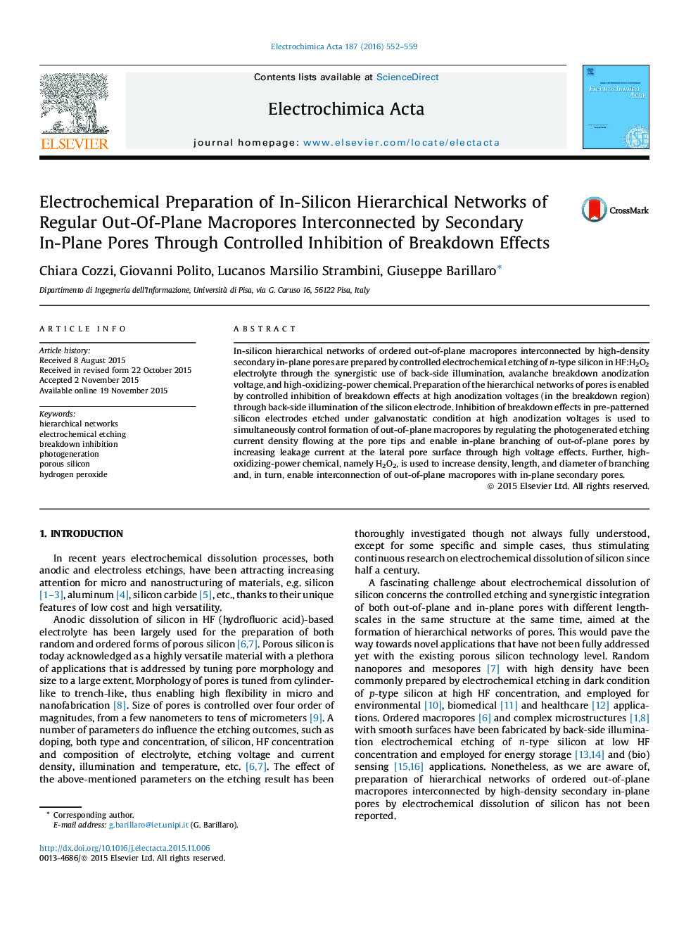 Electrochemical Preparation of In-Silicon Hierarchical Networks of Regular Out-Of-Plane Macropores Interconnected by Secondary In-Plane Pores Through Controlled Inhibition of Breakdown Effects