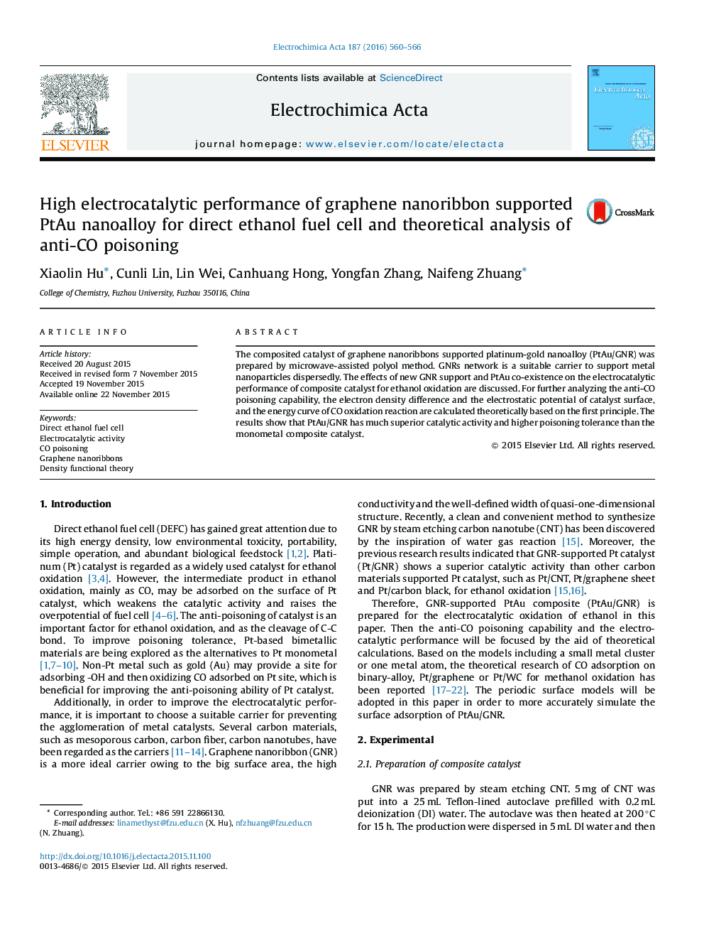 High electrocatalytic performance of graphene nanoribbon supported PtAu nanoalloy for direct ethanol fuel cell and theoretical analysis of anti-CO poisoning