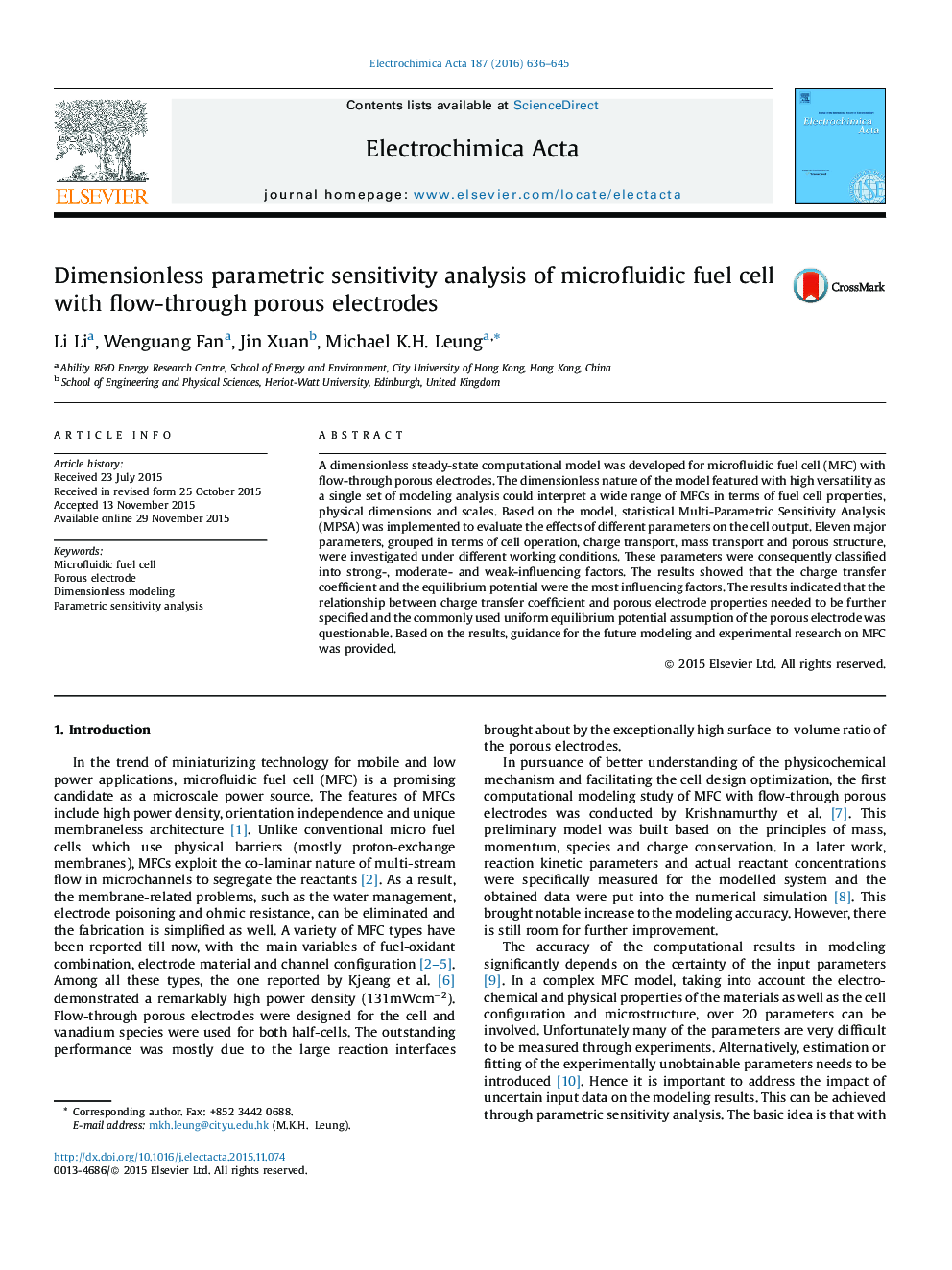 Dimensionless parametric sensitivity analysis of microfluidic fuel cell with flow-through porous electrodes