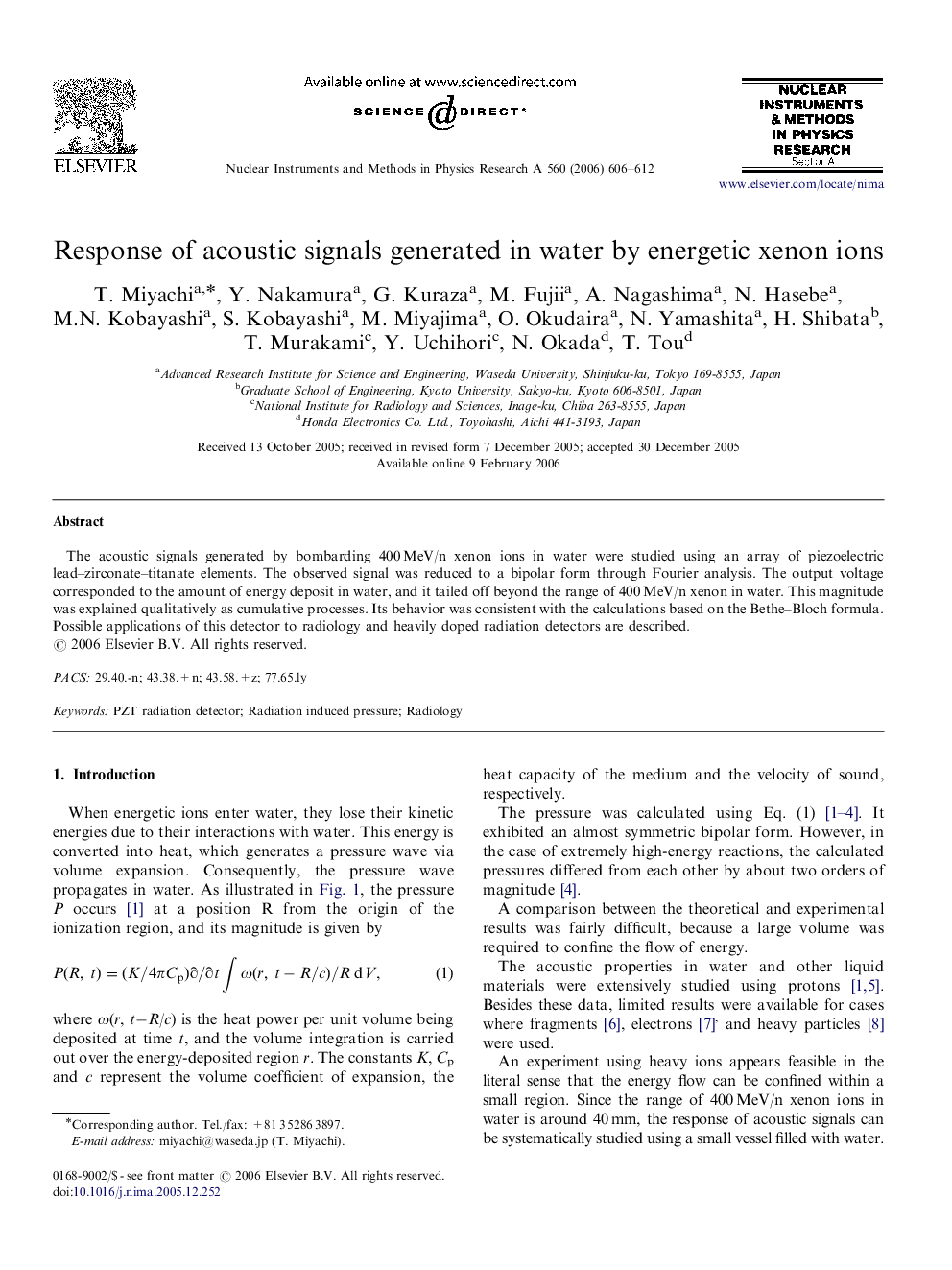 Response of acoustic signals generated in water by energetic xenon ions