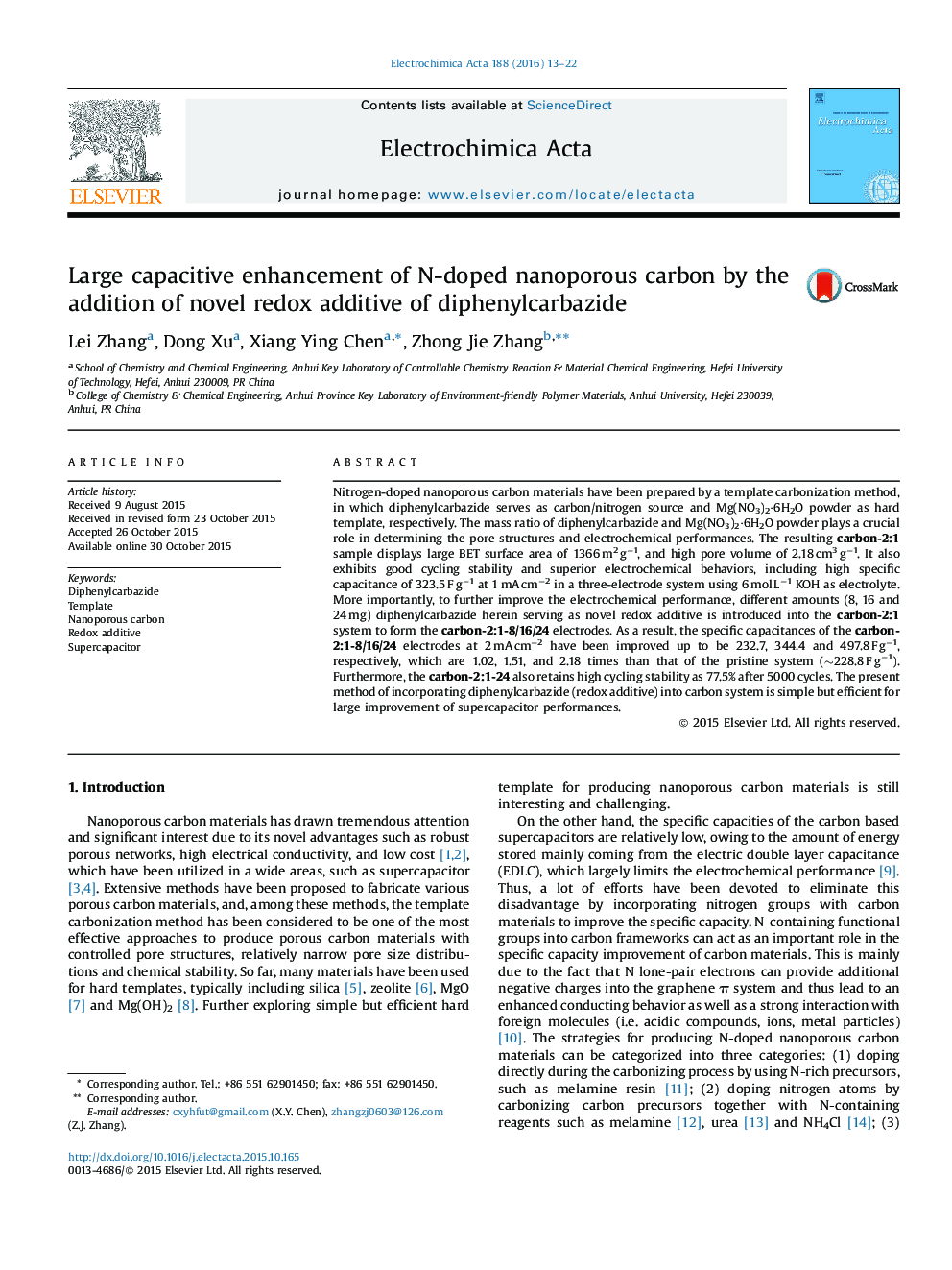 Large capacitive enhancement of N-doped nanoporous carbon by the addition of novel redox additive of diphenylcarbazide