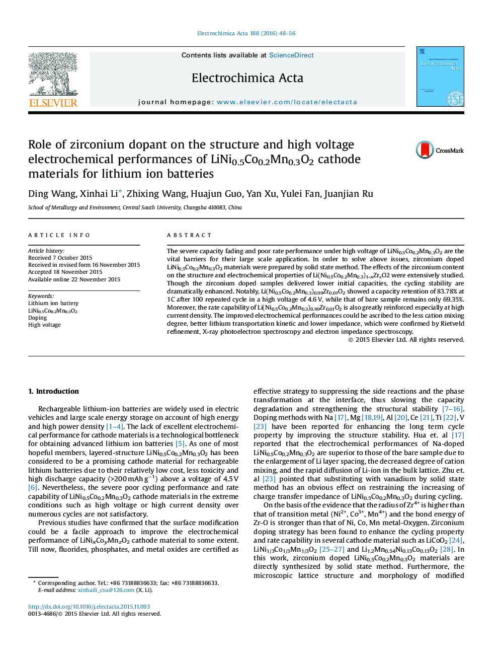 Role of zirconium dopant on the structure and high voltage electrochemical performances of LiNi0.5Co0.2Mn0.3O2 cathode materials for lithium ion batteries