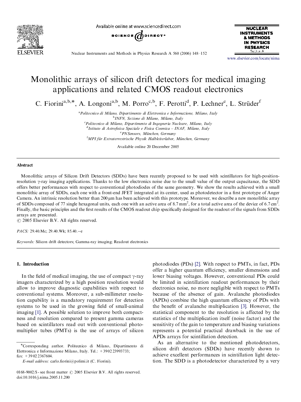 Monolithic arrays of silicon drift detectors for medical imaging applications and related CMOS readout electronics