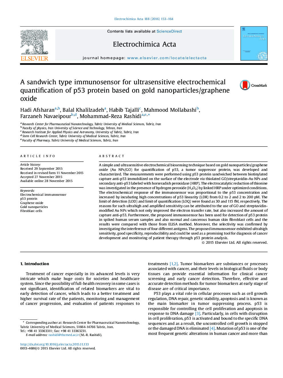 A sandwich type immunosensor for ultrasensitive electrochemical quantification of p53 protein based on gold nanoparticles/graphene oxide