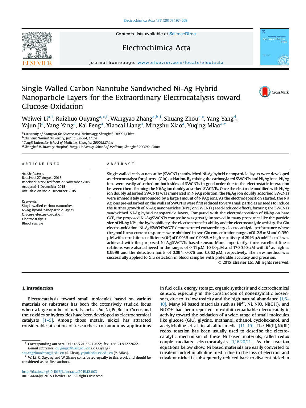 Single Walled Carbon Nanotube Sandwiched Ni-Ag Hybrid Nanoparticle Layers for the Extraordinary Electrocatalysis toward Glucose Oxidation