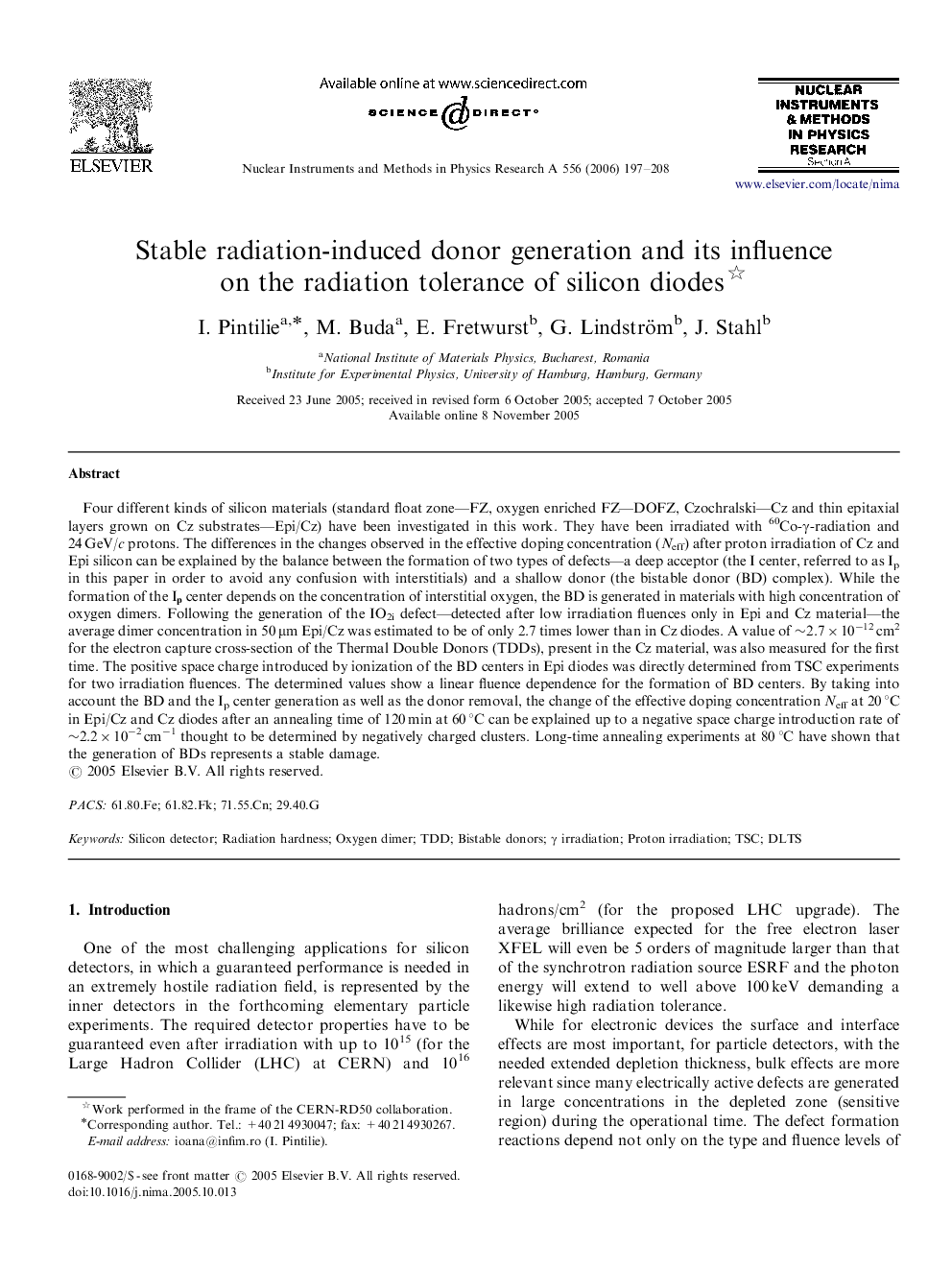 Stable radiation-induced donor generation and its influence on the radiation tolerance of silicon diodes 