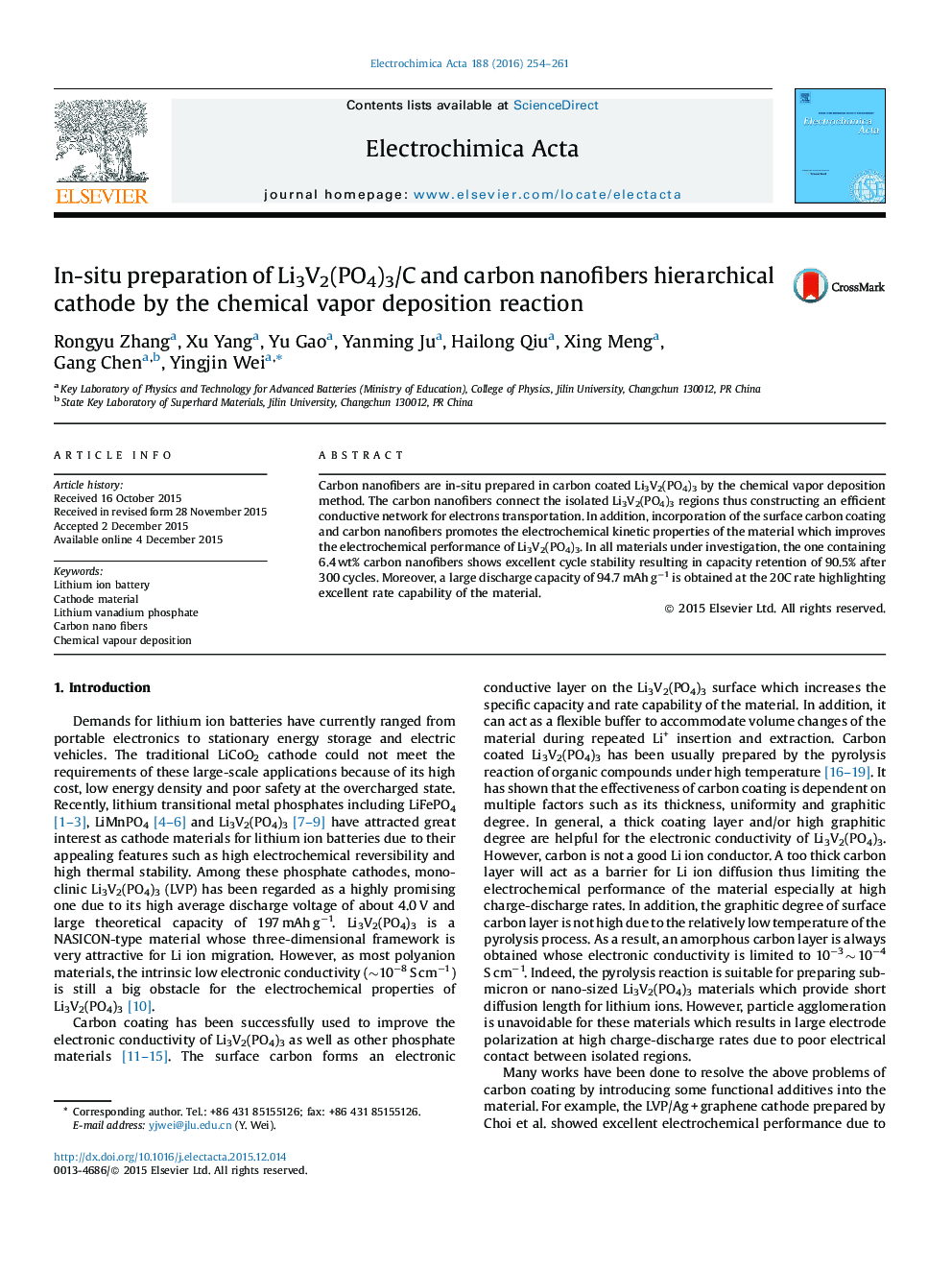 In-situ preparation of Li3V2(PO4)3/C and carbon nanofibers hierarchical cathode by the chemical vapor deposition reaction