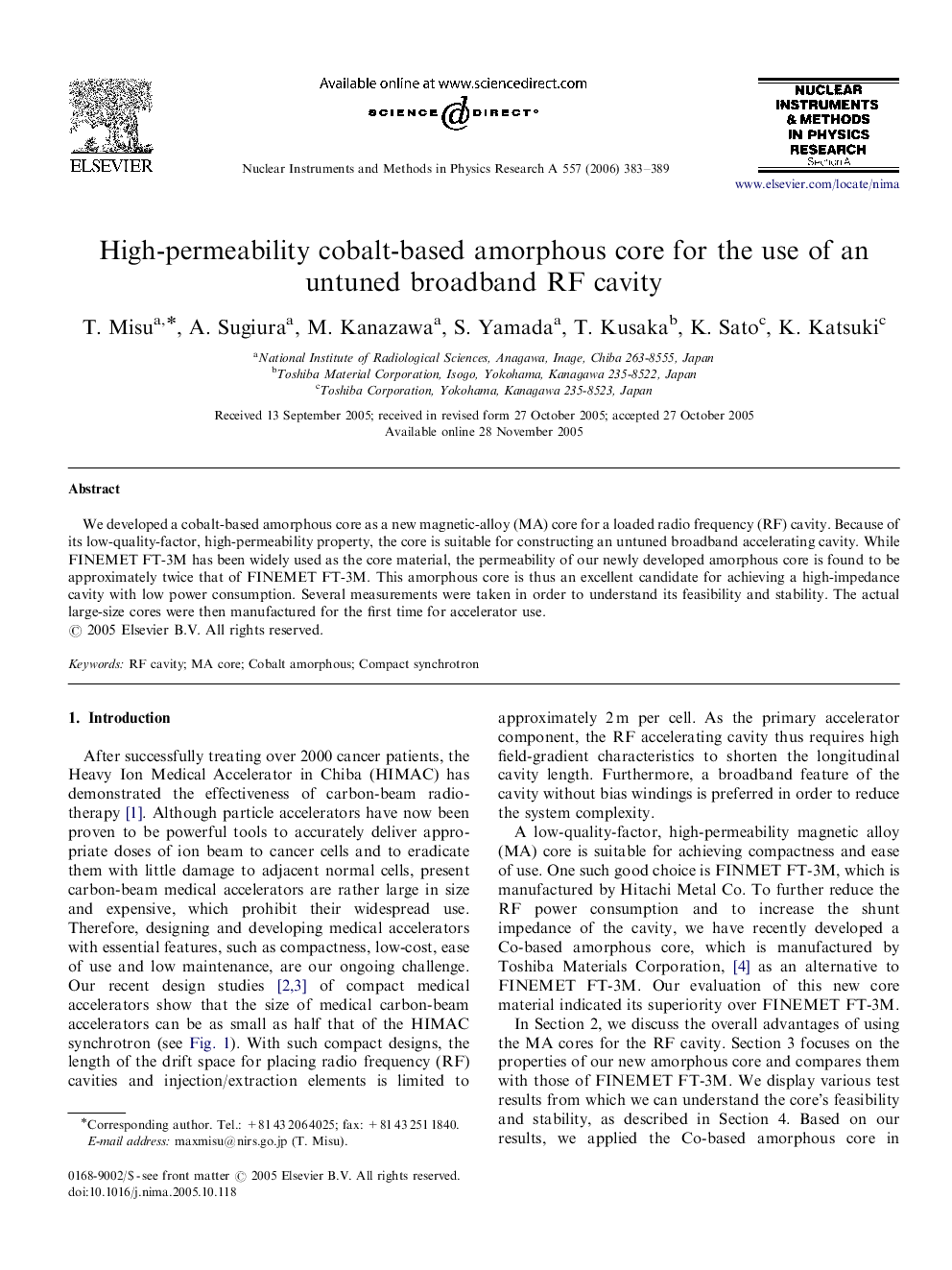 High-permeability cobalt-based amorphous core for the use of an untuned broadband RF cavity