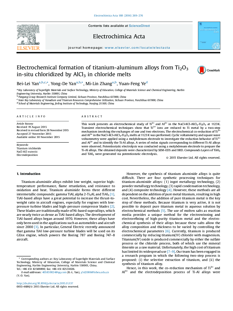 Electrochemical formation of titanium-aluminum alloys from Ti2O3 in-situ chloridized by AlCl3 in chloride melts