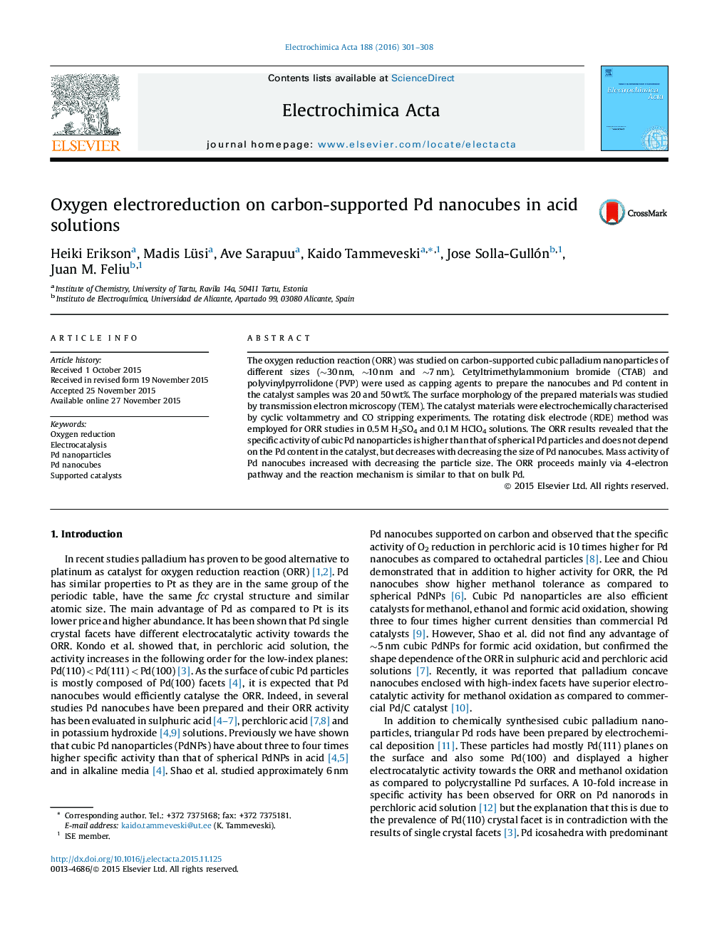 Oxygen electroreduction on carbon-supported Pd nanocubes in acid solutions