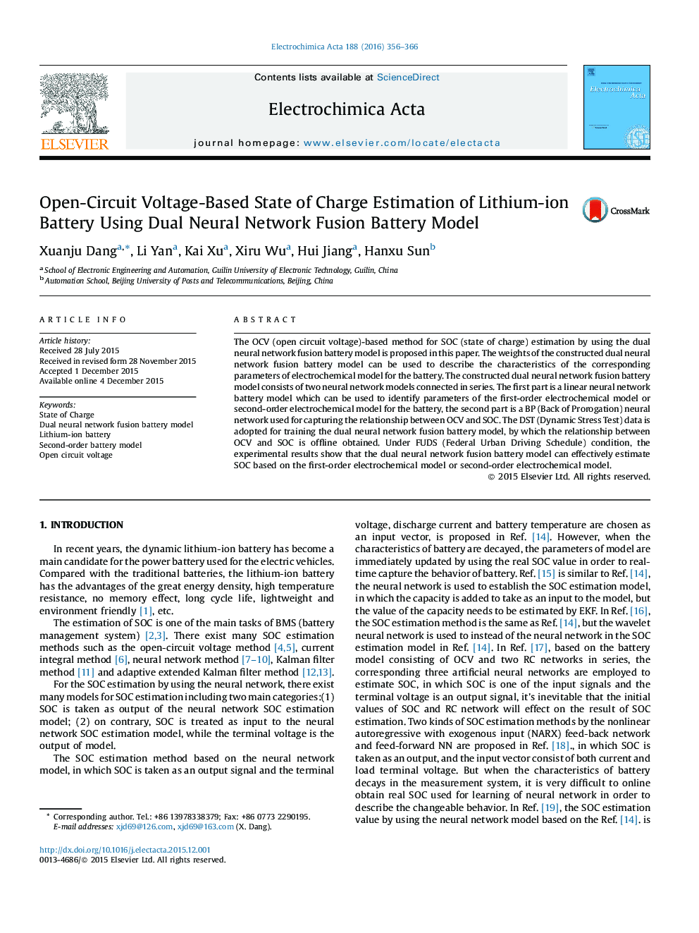 Open-Circuit Voltage-Based State of Charge Estimation of Lithium-ion Battery Using Dual Neural Network Fusion Battery Model