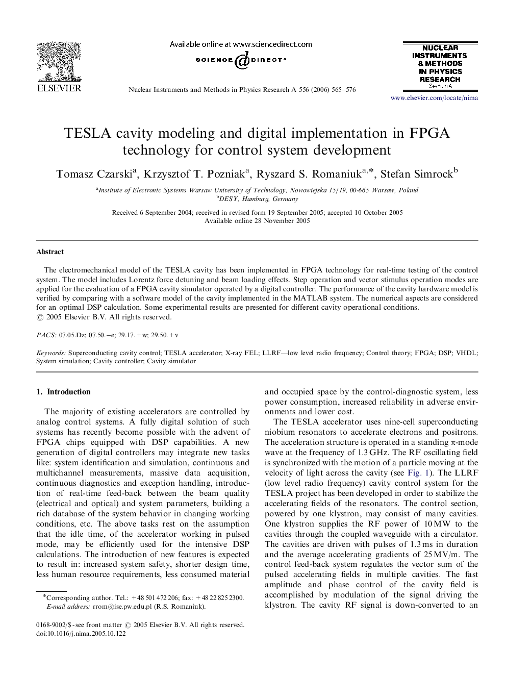 TESLA cavity modeling and digital implementation in FPGA technology for control system development