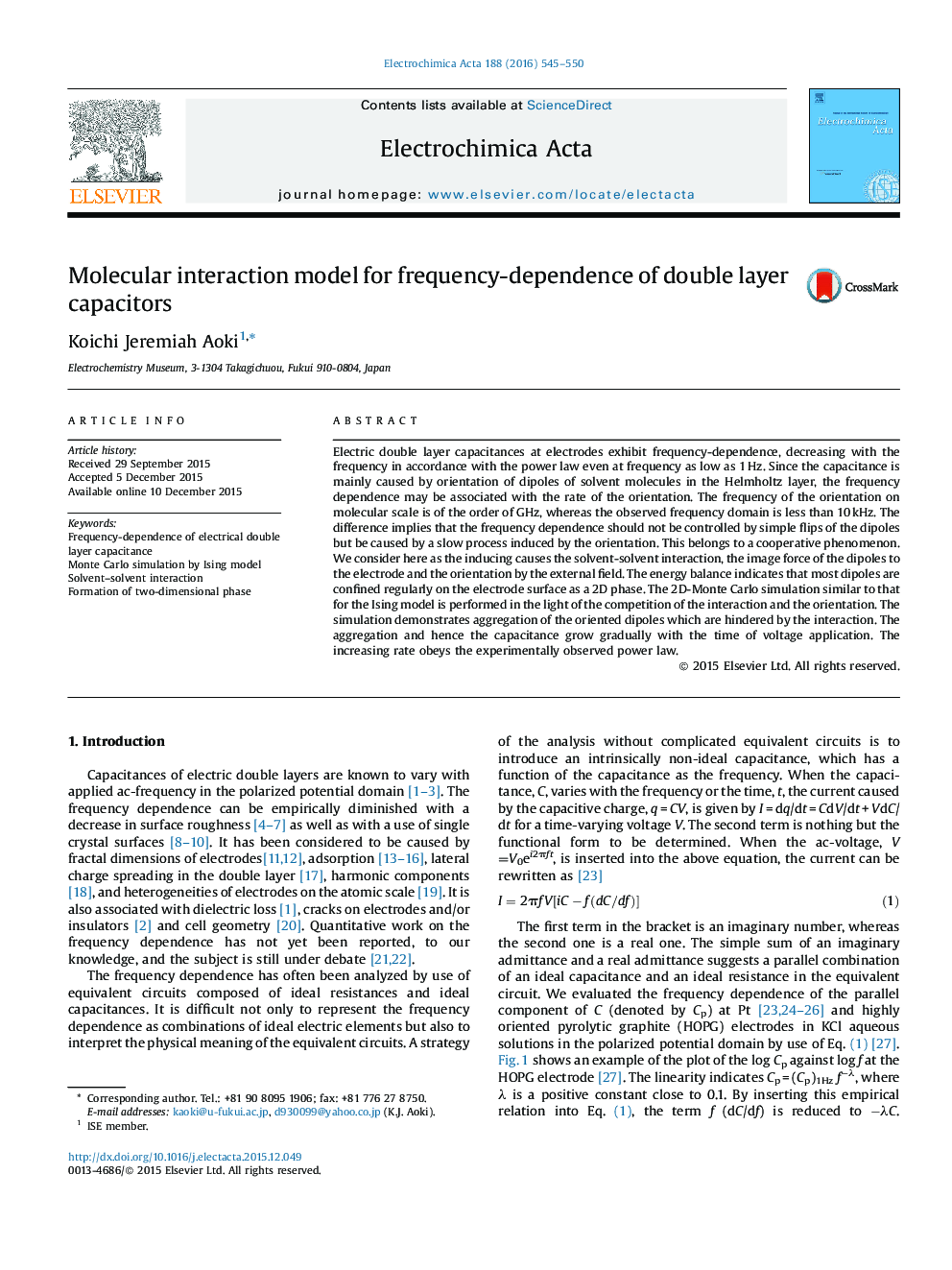 Molecular interaction model for frequency-dependence of double layer capacitors