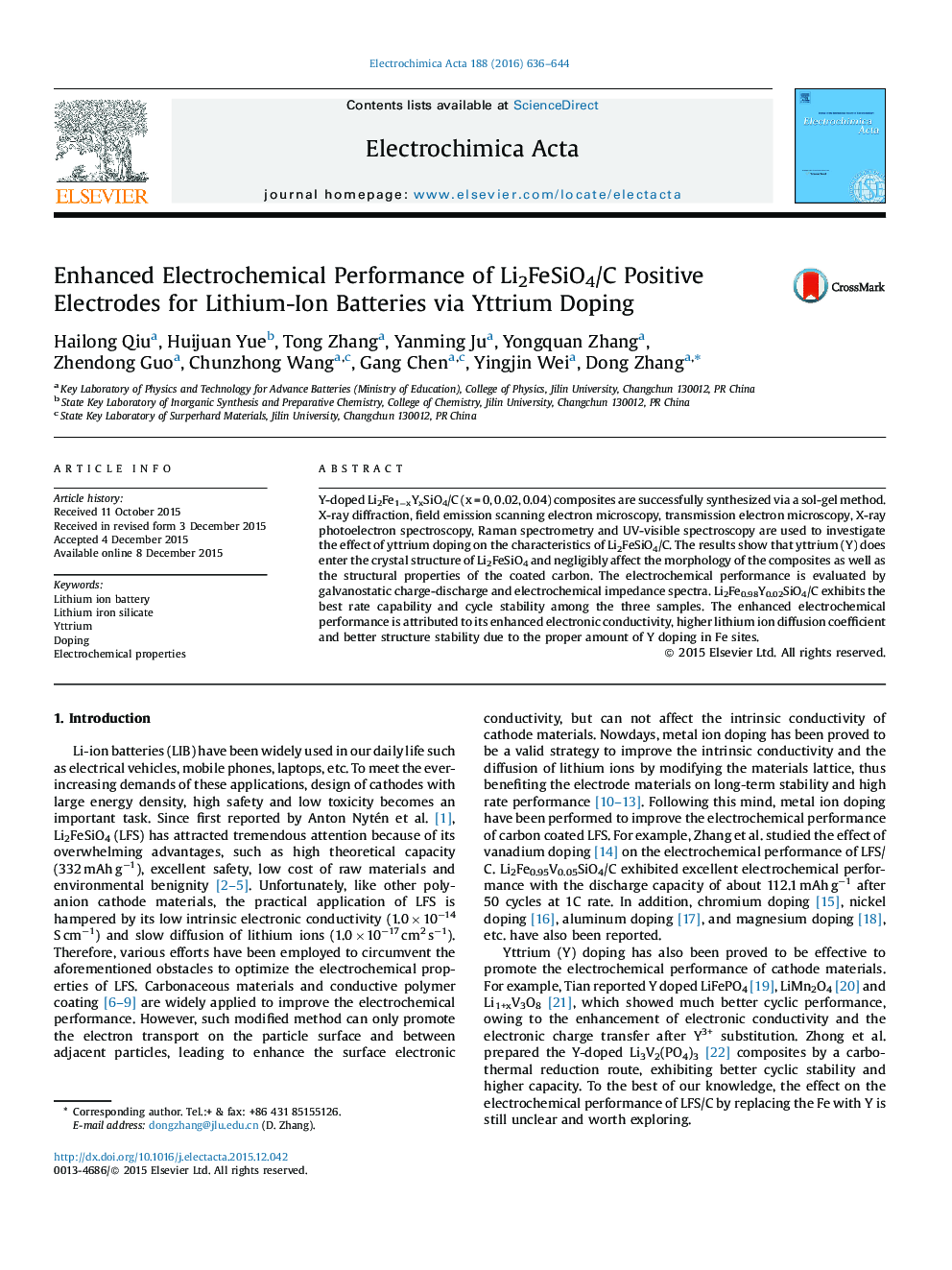 Enhanced Electrochemical Performance of Li2FeSiO4/C Positive Electrodes for Lithium-Ion Batteries via Yttrium Doping