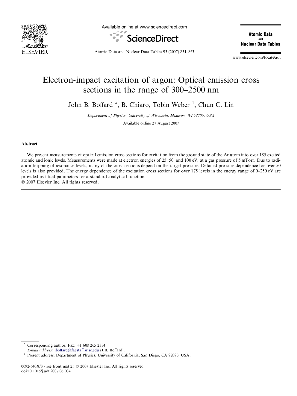 Electron-impact excitation of argon: Optical emission cross sections in the range of 300–2500 nm