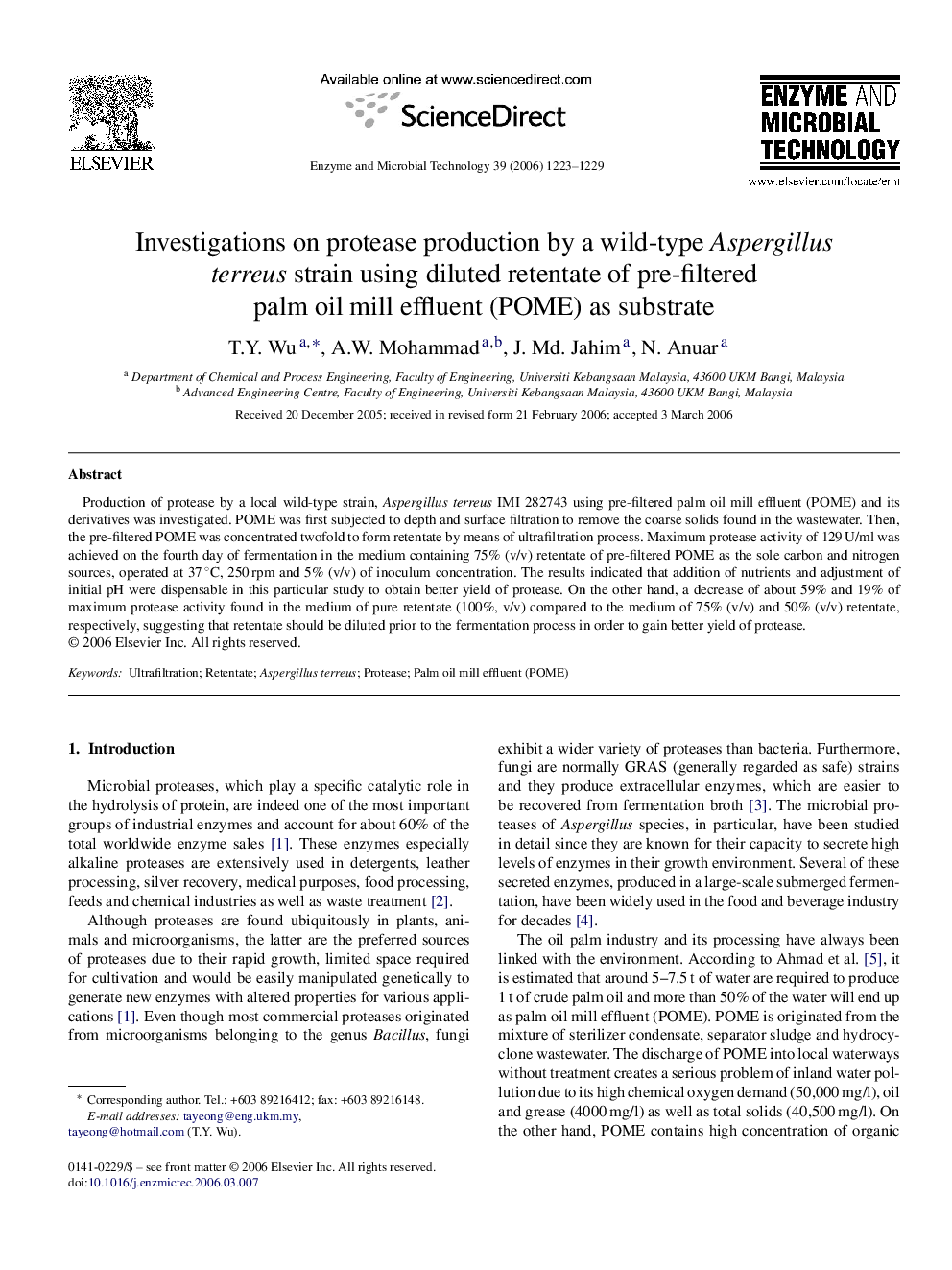 Investigations on protease production by a wild-type Aspergillus terreus strain using diluted retentate of pre-filtered palm oil mill effluent (POME) as substrate