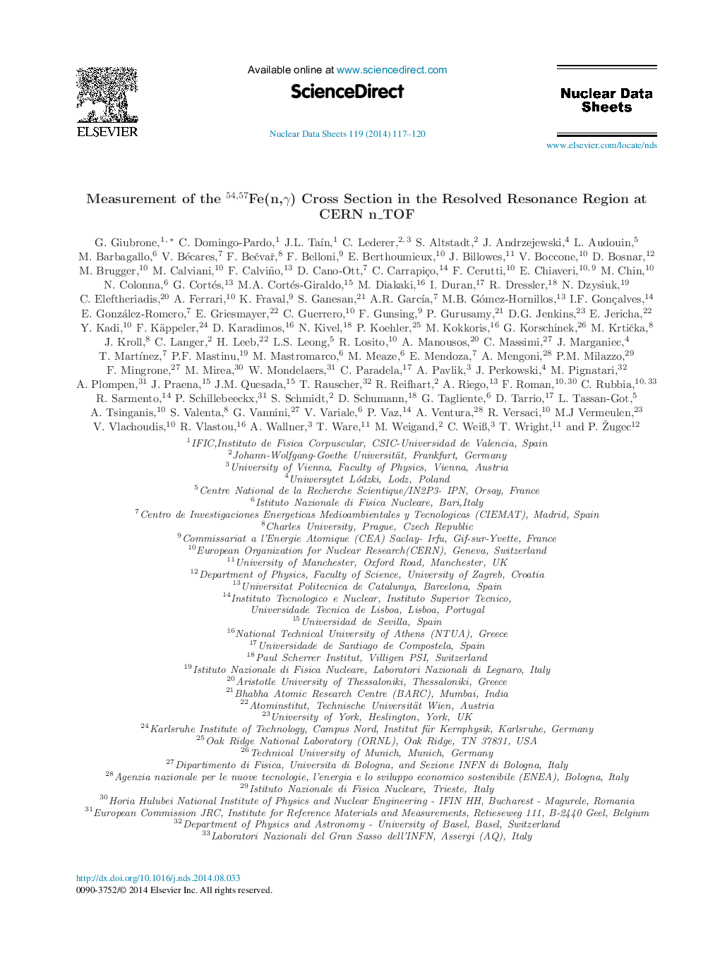 عکس صفحه اول مقاله: Measurement of the 54,57Fe(n,γ) Cross Section in the Resolved Resonance Region at CERN n_TOF Measurement of the 54,57Fe(n,γ) Cross Section in the Resolved Resonance Region at CERN n_TOF