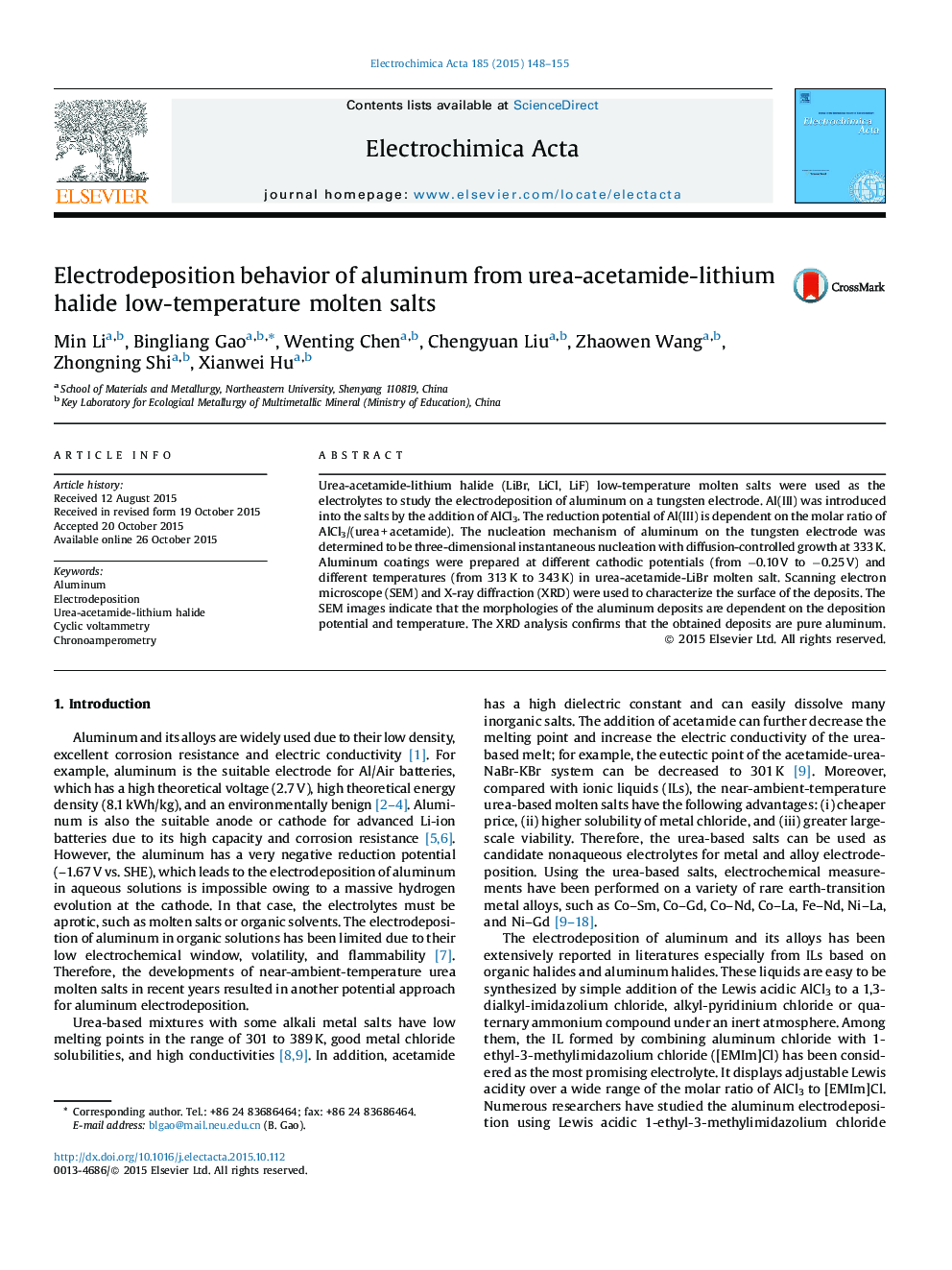 Electrodeposition behavior of aluminum from urea-acetamide-lithium halide low-temperature molten salts