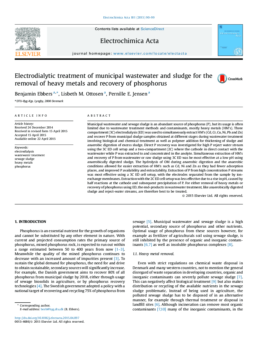 Electrodialytic treatment of municipal wastewater and sludge for the removal of heavy metals and recovery of phosphorus
