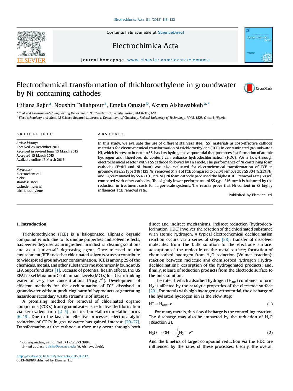 Electrochemical transformation of thichloroethylene in groundwater by Ni-containing cathodes