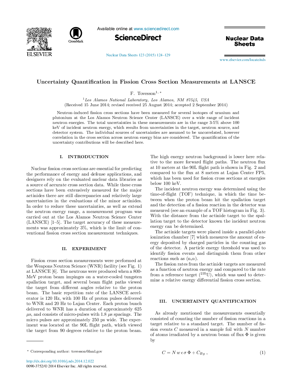 عکس صفحه اول مقاله: Uncertainty Quantification in Fission Cross Section Measurements at LANSCE Uncertainty Quantification in Fission Cross Section Measurements at LANSCE