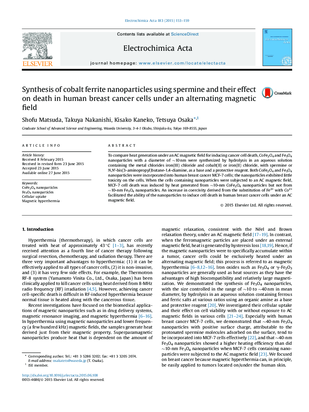 Synthesis of cobalt ferrite nanoparticles using spermine and their effect on death in human breast cancer cells under an alternating magnetic field