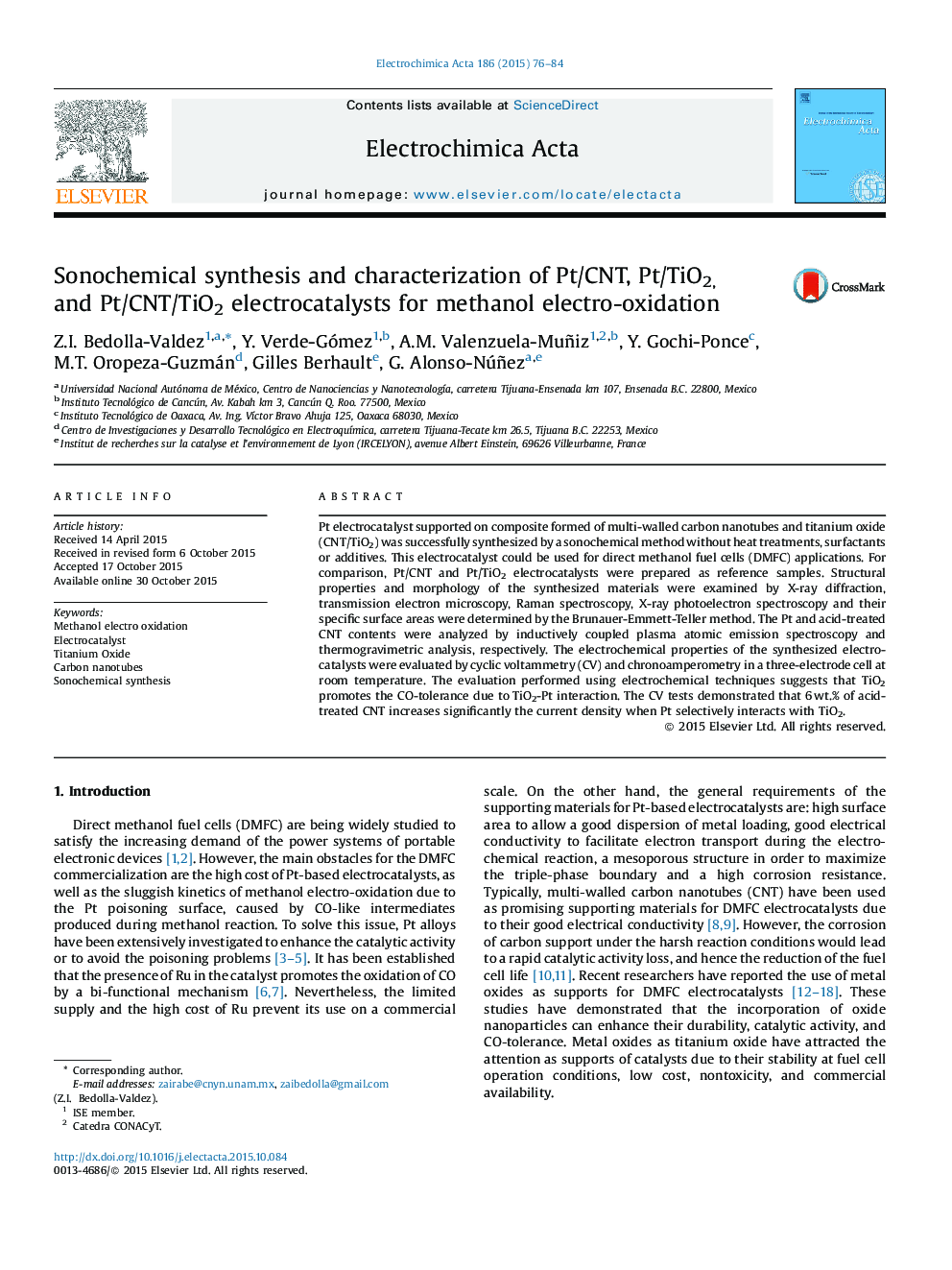 Sonochemical synthesis and characterization of Pt/CNT, Pt/TiO2, and Pt/CNT/TiO2 electrocatalysts for methanol electro-oxidation