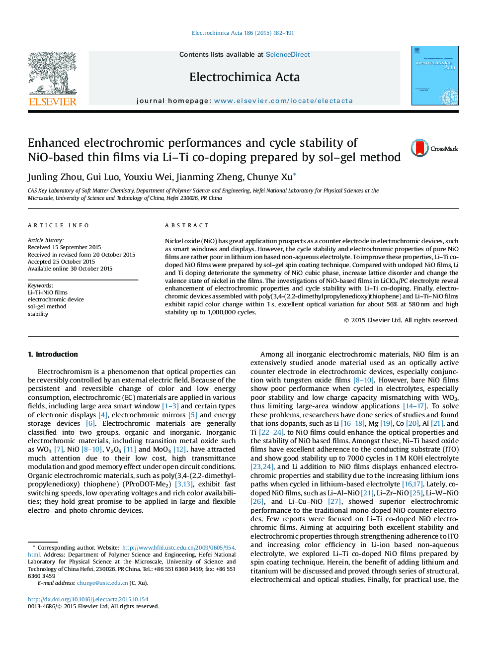 Enhanced electrochromic performances and cycle stability of NiO-based thin films via Li–Ti co-doping prepared by sol–gel method