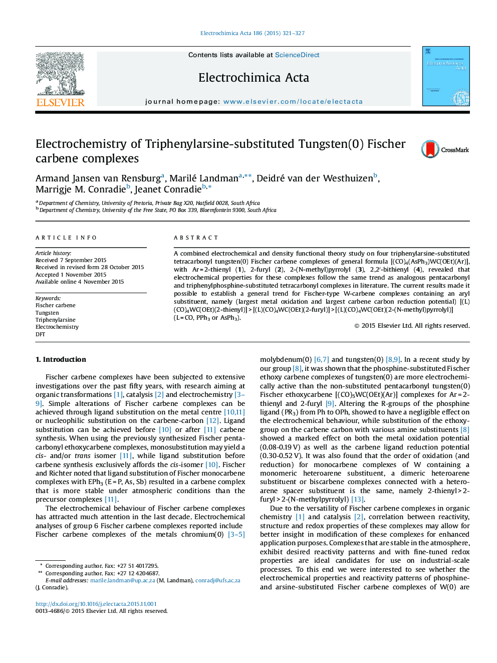 Electrochemistry of Triphenylarsine-substituted Tungsten(0) Fischer carbene complexes